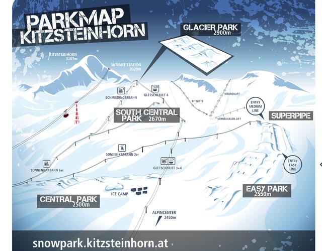 Skizze des Kitzsteinhorn Snowparks mit eingezeichneten Pisten und Parks
