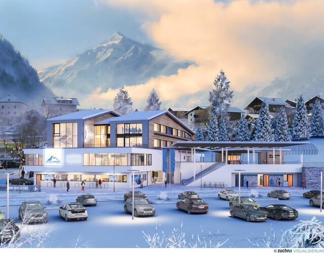 The Kaprun Center is already rising out of the ground. As of December 2018, it will unite the valley station of the MK Maiskogelbahn, ticket windows, a sports & rental shop, the ski depot and the GBK corporate headquarters under one roof | © MAB Architektur Projektmanagement