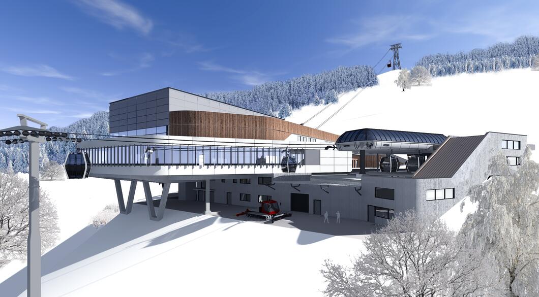 Die Bergstation der MK Maiskogelbahn ist zugleich auch die Talstation der 3K K-onnection, der Dreiseilumlaufbahn zum Kitzsteinhorn | © MAB Architektur Projektmanagement