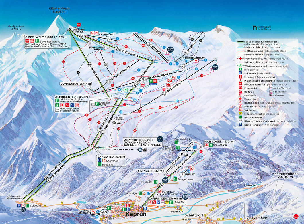Wie eine Perlenkette reiht sich die neue Seilbahnverbindung von Kaprun aus zum Kitzsteinhorn aneinander. Ab Dezember 2019 bietet die neue Verbindung für Kaprun erstmals Ski-in-Ski-out sowie eine im gesamten Alpenraum einzigartige Panoramafahrt vom Kapruner Dorfzentrum (768 m) bis auf TOP OF SALZBURG 3.029 m.  | © Kitzsteinhorn