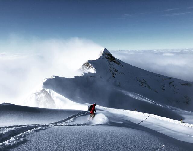 Skier rides on snow-covered ridge in front of mountain peak | © ÖAV / Lisa Hampfer