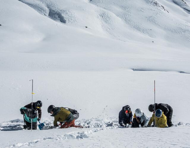 Risk'n'fun Freeride Camp at the Kitzsteinhorn  | © Heli Fotoguide People in a snowfield practicing avalanche rescue | © Heli Fotoguide