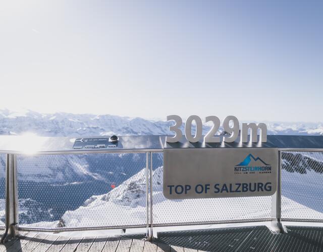 Observation deck 3029m above snow-covered alpine landscape