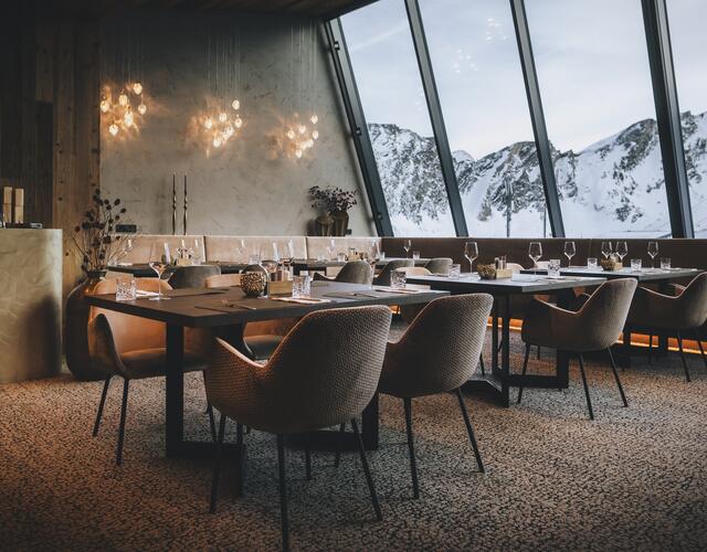 Modern restaurant with panoramic mountain views