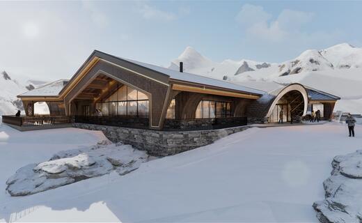 Visualisierung eines modernen Holzgebäudes in verschneiter Berglandschaft