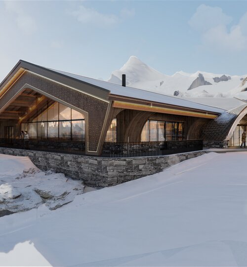 Visualisierung eines modernen Holzgebäudes in verschneiter Berglandschaft