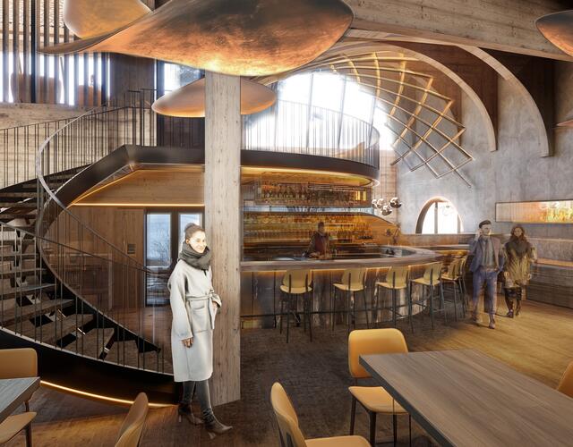 Innenansicht eines Restaurants mit Bar, Wendeltreppe und stilisierten Mühlradflügeln an der Decke