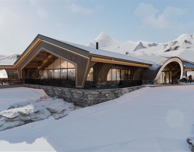 Visualisierung eines modernen Holzgebäudes in verschneiter Berglandschaft