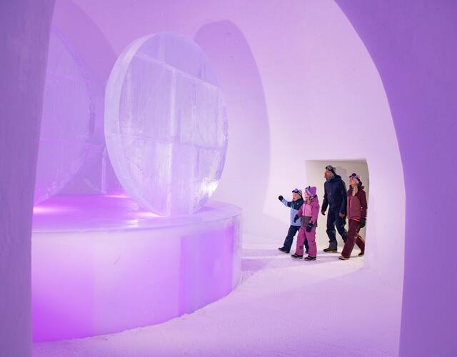 Familie bestaunt beleuchtete Eisskulptur im Eisraum