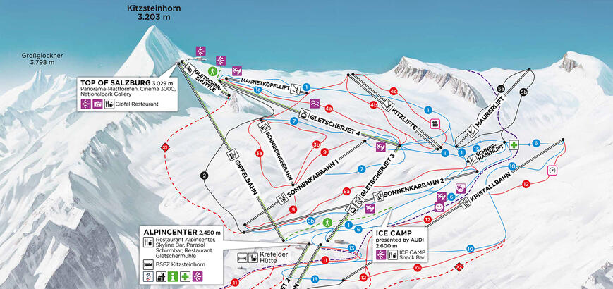 Kitzsteinhorn Glacier Ski Area Map with Slopes and Lifts