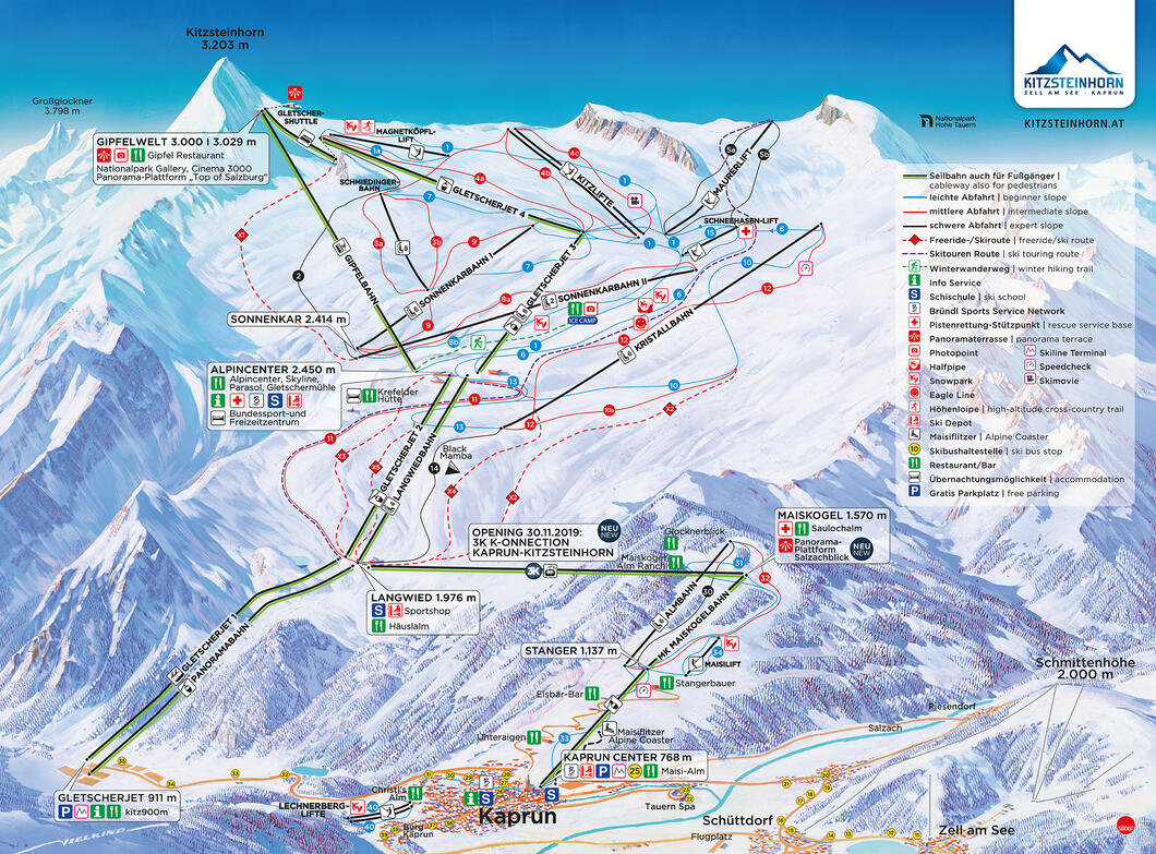 Piste map of the Kitzsteinhorn glacier ski area with marked lifts, pistes and altitude information