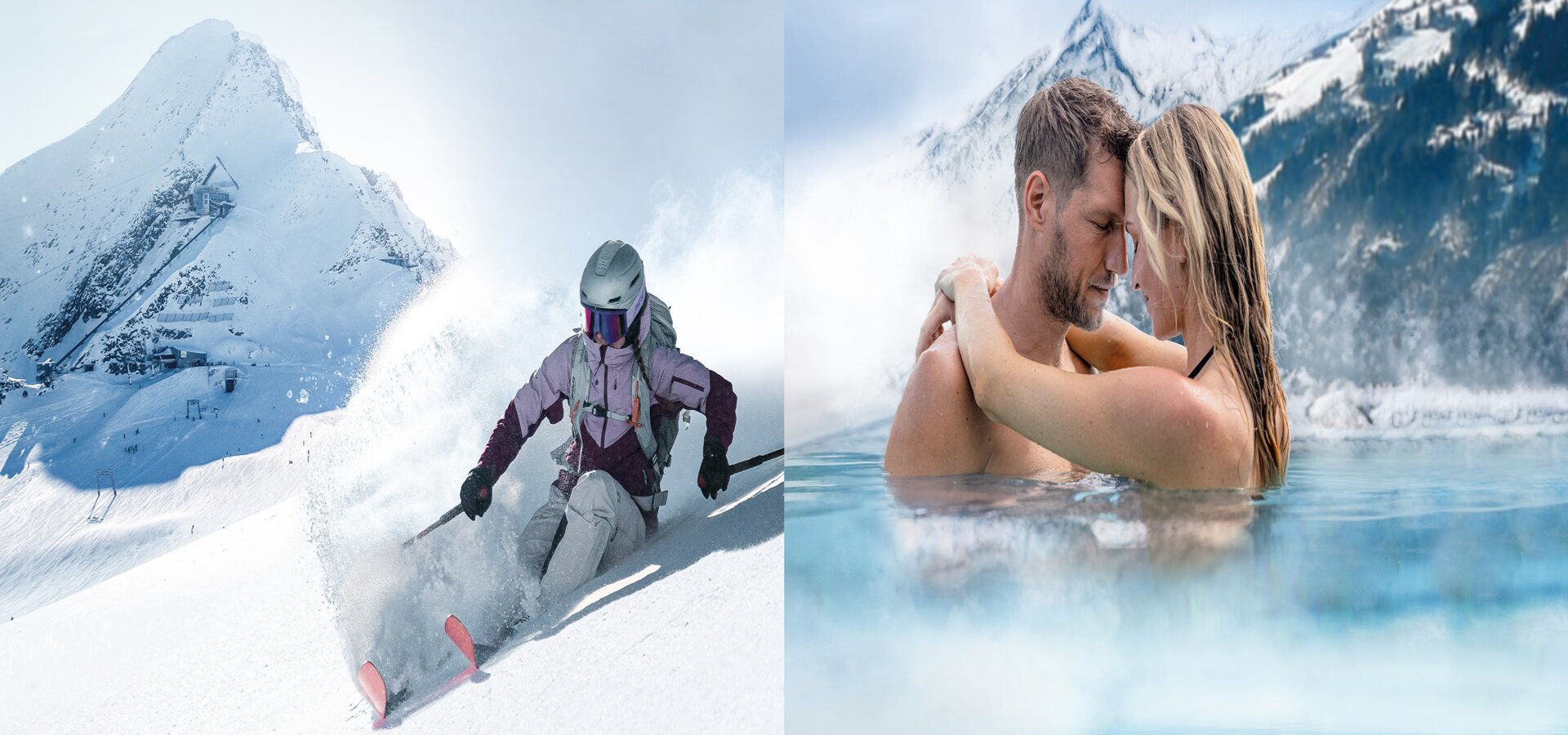 Skifahrer im Schnee und Paar im warmen Wasser vor Bergkulisse