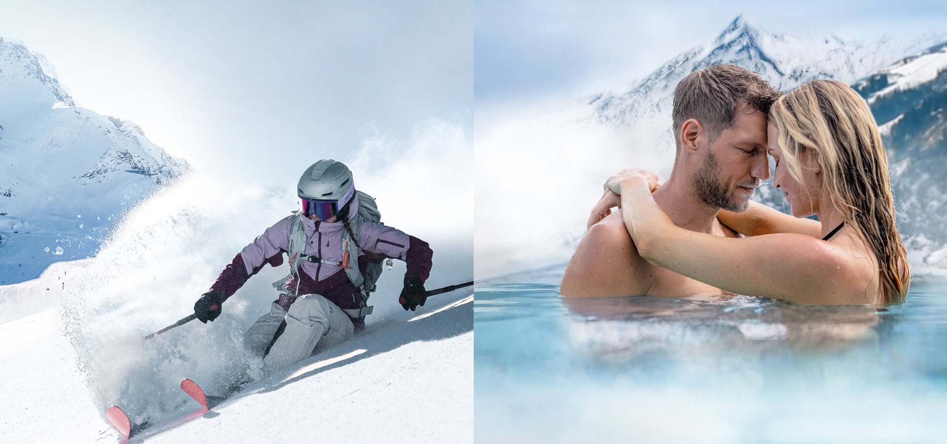 Skifahrer im Schnee und Paar im warmen Wasser vor Bergkulisse