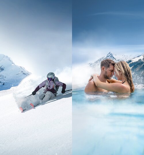 Skifahrer im Schnee und Paar im Pool vor Bergkulisse