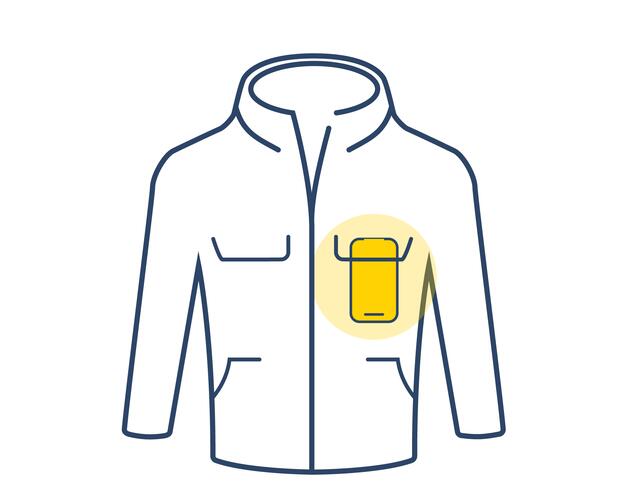 Graphic jacket with a phone in the left chest pocket.